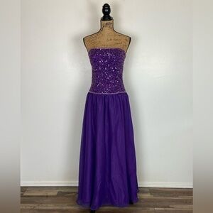 Scala Silk Y2K Beaded Sequin Gown Dress Sz M Purple Strapless Chiffon Prom Dress